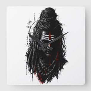 Relógio Quadrado Feroz Senhor Shiva Mahakal Grunge Arte Splash Somb