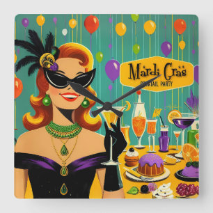 Relógio Quadrado Festa de Cocktail Retro Mardi Gras dos Anos 50