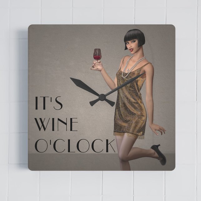 Relógio Quadrado Festa de Flapper é o Vinho O'Clock Wall Clock (It's always wine o'clock! A fun flapper girl ready to party!)