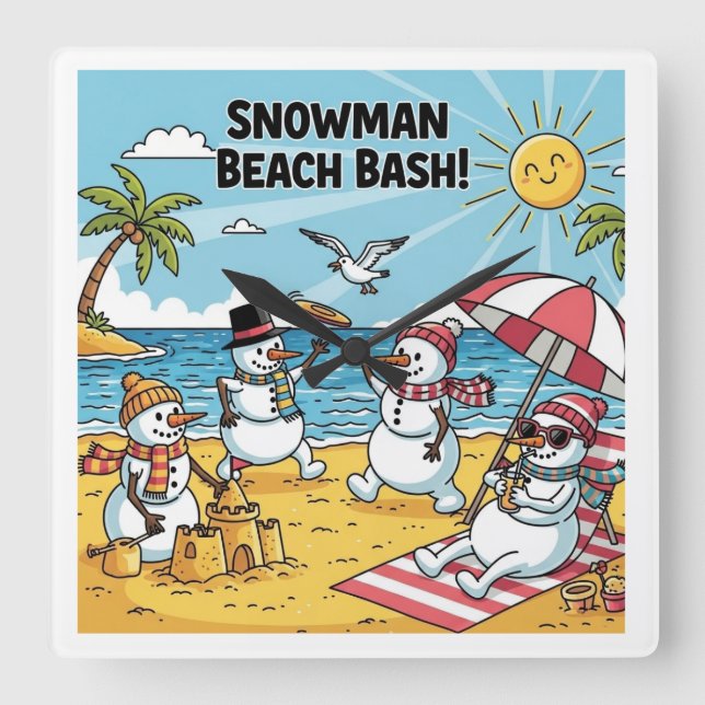 Relógio Quadrado Festa de Praia dos Bonecos de Neve (Frente)