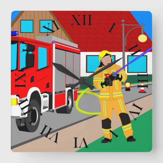 Relógio Quadrado Feuerwehrmann im Feuerwehreinsatz beim löschen Qua (Frente)