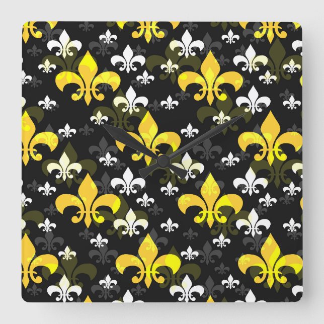 Relógio Quadrado Feur de Lis branco amarelo (Frente)