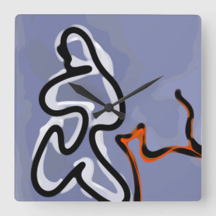 Relógio Quadrado Figura com Feline: Abstrato azul, laranja, B e W