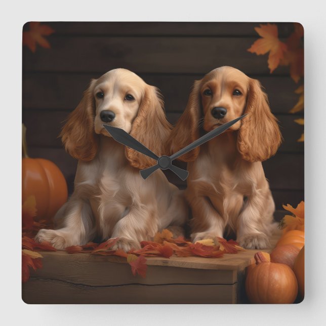 Relógio Quadrado Filhote de Cocker Spaniel Delícia de Outono Abóbor (Frente)