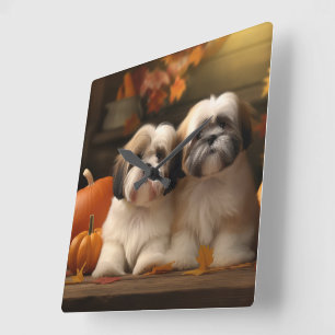 Relógio Quadrado Filhote de Lhasa Apso Delícia de Outono Abóbora