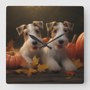 Relógio Quadrado Filhote de Wire Fox Terrier Outono Prazer Abóbora