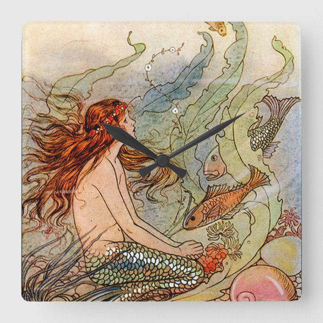 Relógio Quadrado Fine Art Mermaid Ilustration Poster (Frente)
