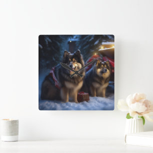 Relógio Quadrado Finnish Lapphund Trenó de Madeira Natal Decoração 