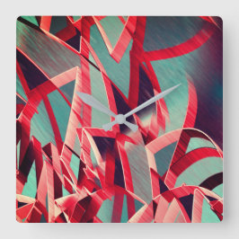 Relógio Quadrado Fitas vermelhas curvas sobre cinzas azuladas, perf