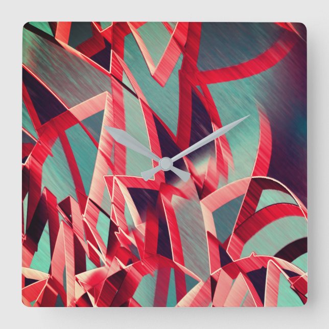 Relógio Quadrado Fitas vermelhas curvas sobre cinzas azuladas, perf (Frente)
