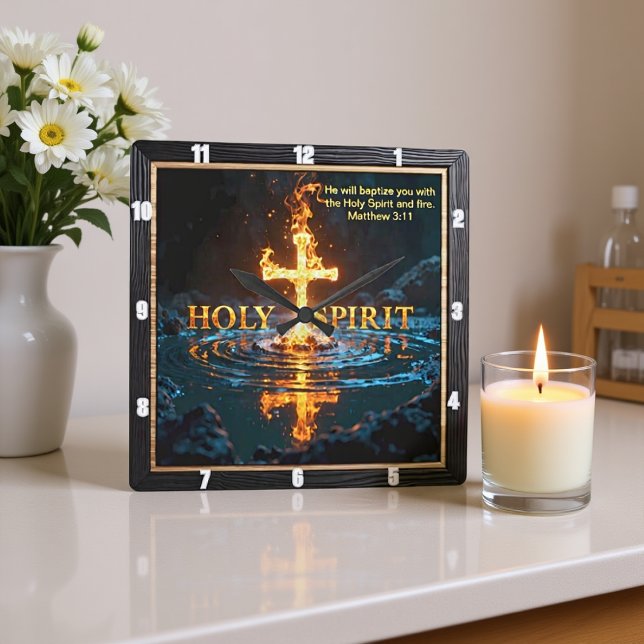 Relógio Quadrado Flame Cross Water Reflection Spirit Matthew 3:11 (Criador carregado)