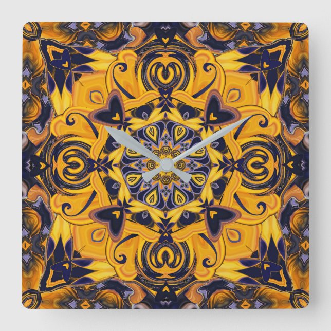 Relógio Quadrado Flame Hearts Blue and Gold Wall Clock (Frente)