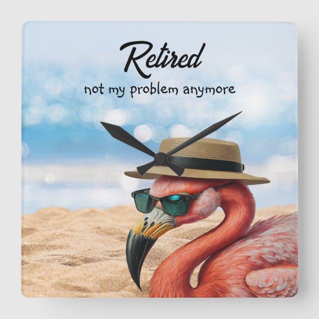 Relógio Quadrado Flamingo aposentado na praia com óculos de chapéu  (Frente)