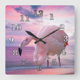 Relógio Quadrado Flamingo e céu cor-de-rosa