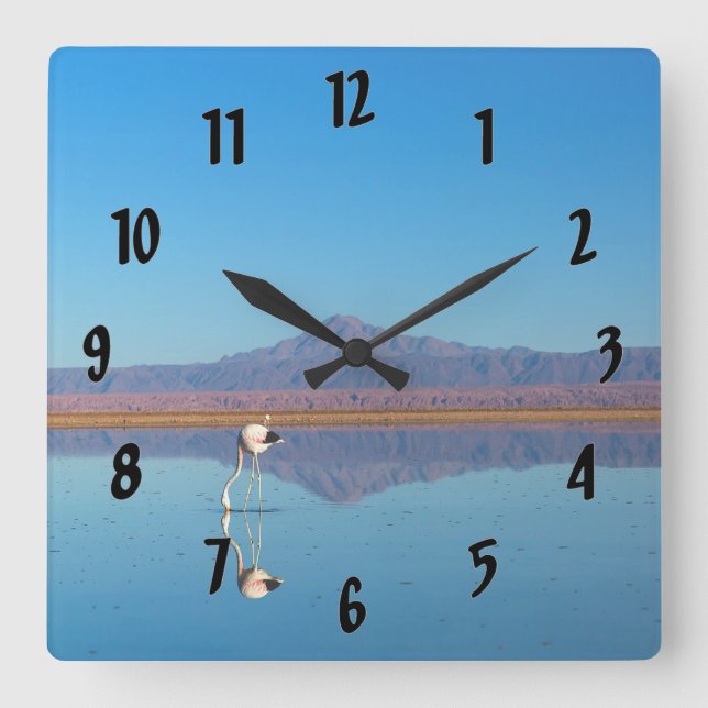 Relógio Quadrado Flamingo Espelhado (Frente)