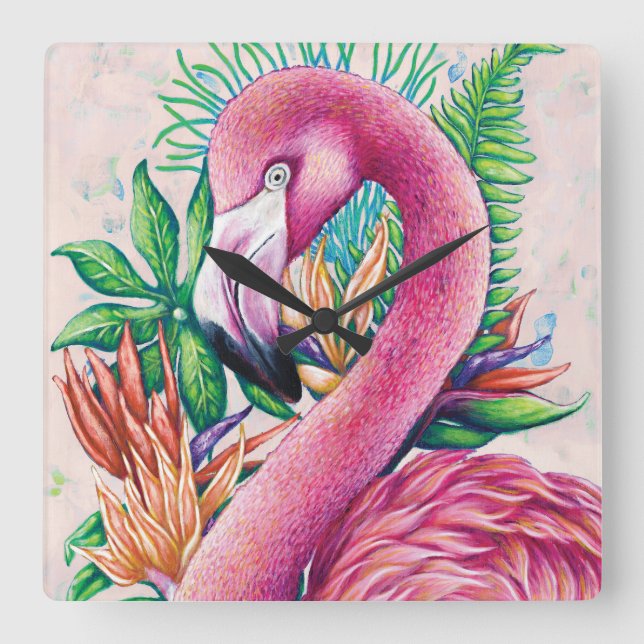 Relógio Quadrado Flamingo Floral Hawaiai Funny Cute Wall Clock (Frente)