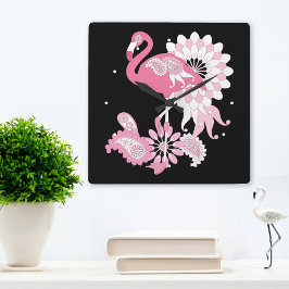Relógio Quadrado Flamingo Rosa-Rosa-Rosa-Paisley Moderno