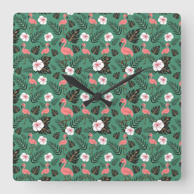Relógio Quadrado Flamingo seamless pattern pink on green background (Frente)