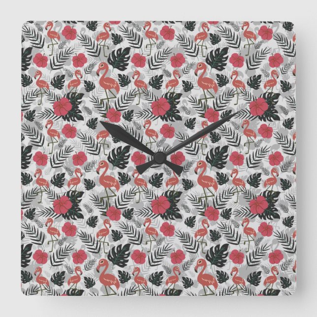 Relógio Quadrado Flamingo seamless pattern with floral background (Frente)