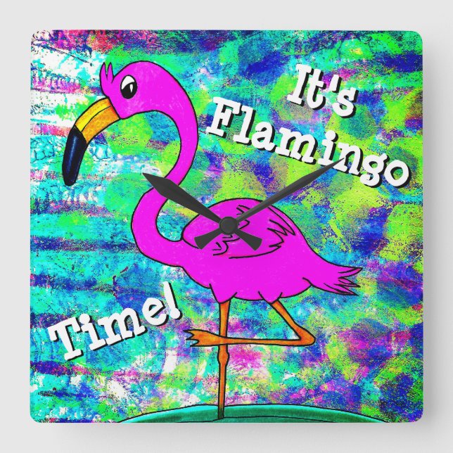 Relógio Quadrado Flamingo Wall Clock, é Flamingo Time! (Frente)