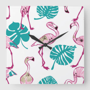 Relógio Quadrado Flamingos cor-de-rosa