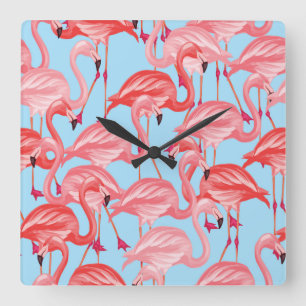 Relógio Quadrado Flamingos cor-de-rosa brilhantes no azul