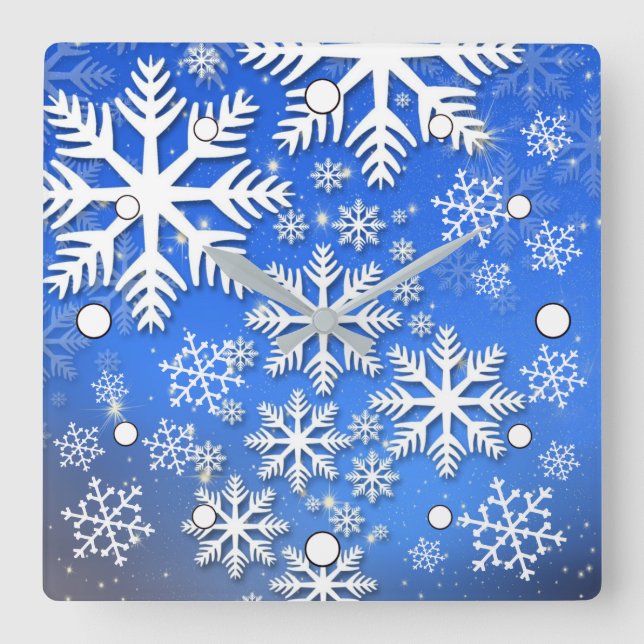 Relógio Quadrado Flocos de neve e estrelas Design azul e branco (Frente)