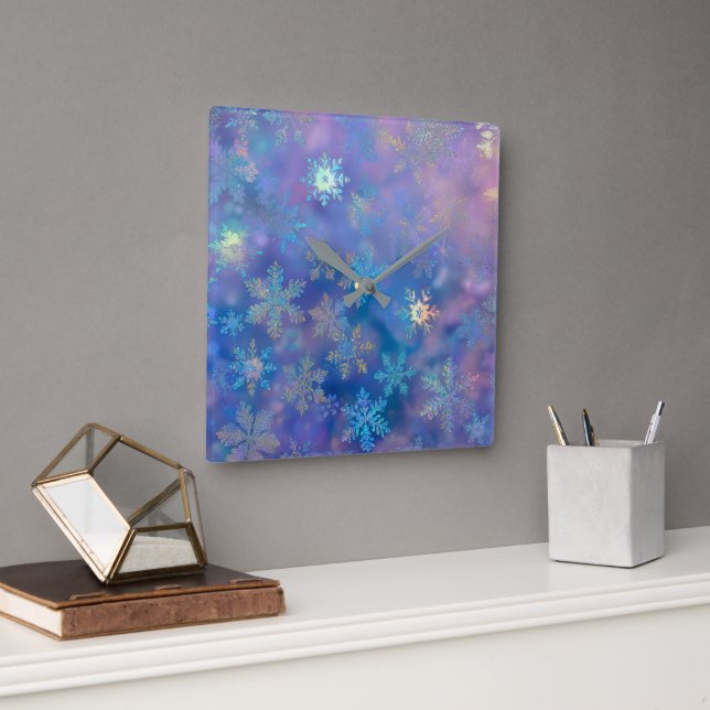 Relógio Quadrado Flocos de neve iridescentes (Escritório)