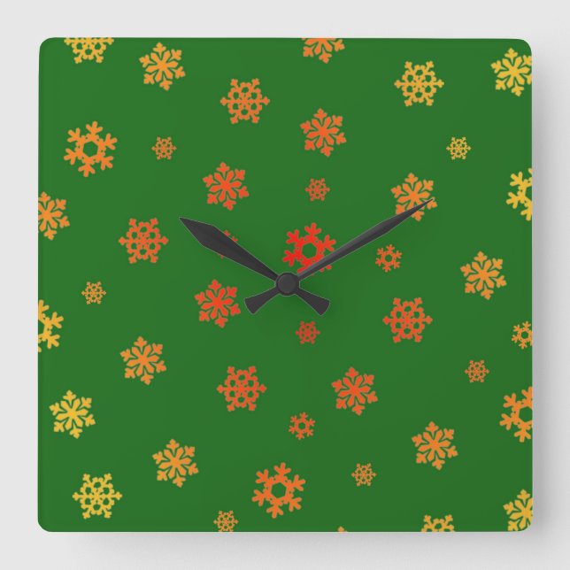 Relógio Quadrado Flocos de neve (Vermelho e Dourado) [Padrão de Nat (Frente)