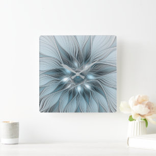Relógio Quadrado Flor Abstrata Alegre Azul Cinza Fractal Floral