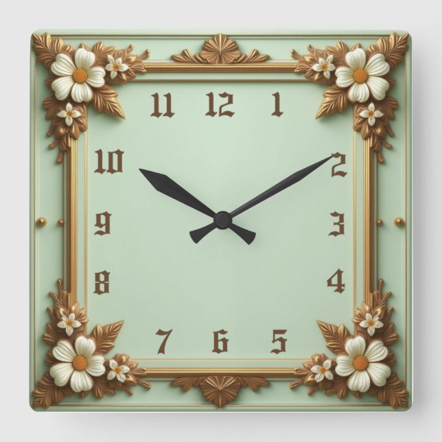 Relógio Quadrado Flor Art Déco Elegante (Frente)