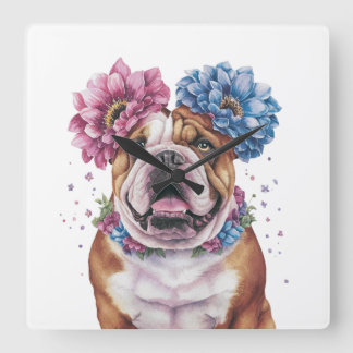 Relógio Quadrado Flor Buldogue Crown Watercolor Impressão