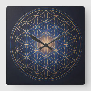 Relógio Quadrado Flor da Vida Geometria Sagrada Dourado Azul Espiri