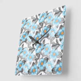 Relógio Quadrado Flor de Aquarela Azul - Floral Botânico