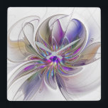 Relógio Quadrado Flor de Arte Abstrato, Enérgica e Colorida<br><div class="desc">Uma flor de fantasia multicolorida e poderosa,  um Design de Arte Fractal floral único para seu relógio de parede quadrado e muito mais.</div>