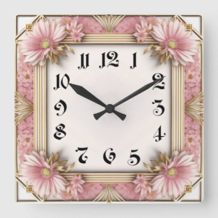 Relógio Quadrado Flor de Arte Deco Rosa