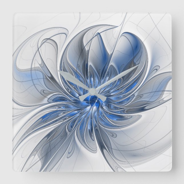 Relógio Quadrado Flor de Arte Fracionada com Cinza Azul abstrato (Frente)