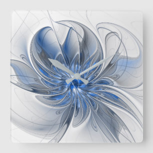 Relógio Quadrado Flor de Arte Fractal em Aquarela Azul Cinza Abstra