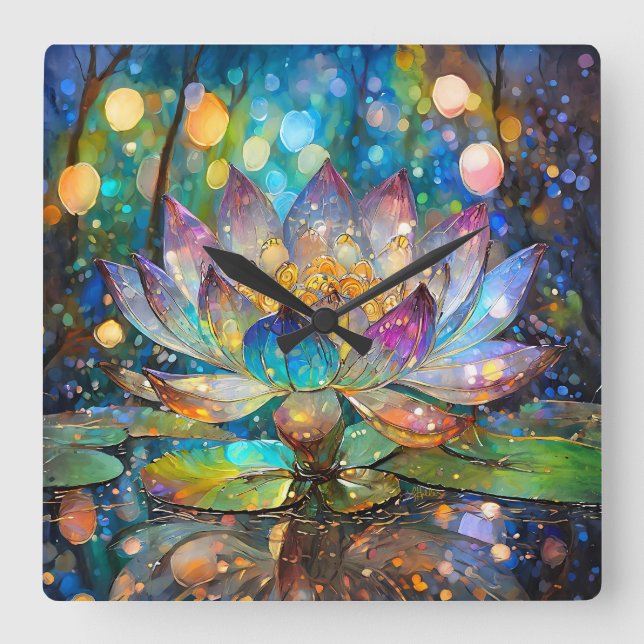 Relógio Quadrado Flor de Lótus Iluminada em Flor (Frente)