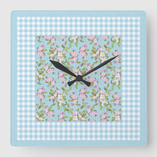 Relógio Quadrado Flor de Maçã Rosa no Gingham Azul, Azul e Branco (Frente)