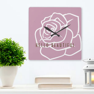 Relógio Quadrado Flor de Rosa Rosa Minimalista Moderna Personalizad