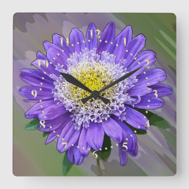 Relógio Quadrado flor de violeta azul (Frente)