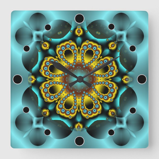 Relógio Quadrado Flor e Borboletas Azuis e Douradas (Frente)