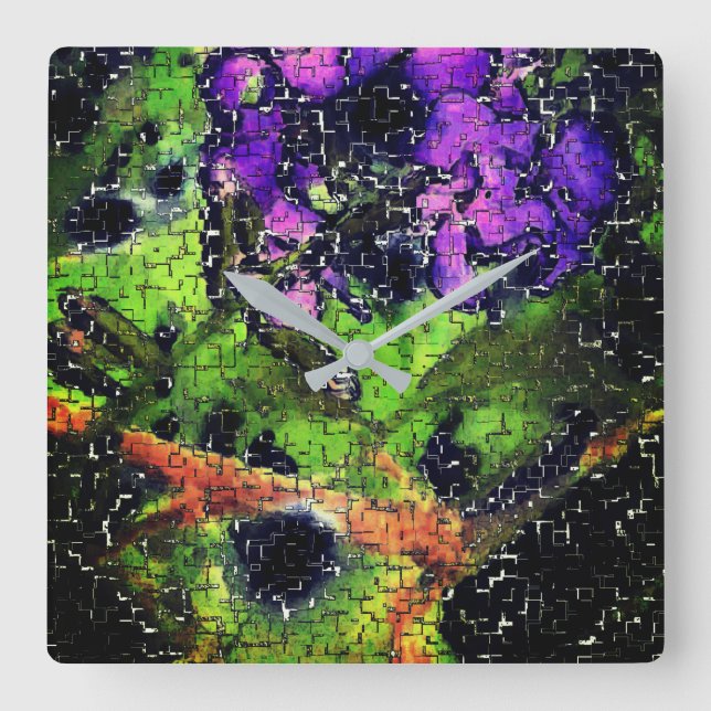 Relógio Quadrado Flor e folhas, envelhecidas em mosaico esculpido (Frente)