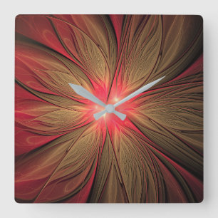 Relógio Quadrado Flor fractal de fanfarrão vermelho