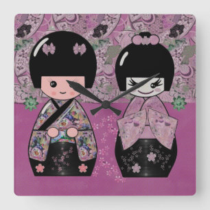 Relógio Quadrado Flor Kokeshi