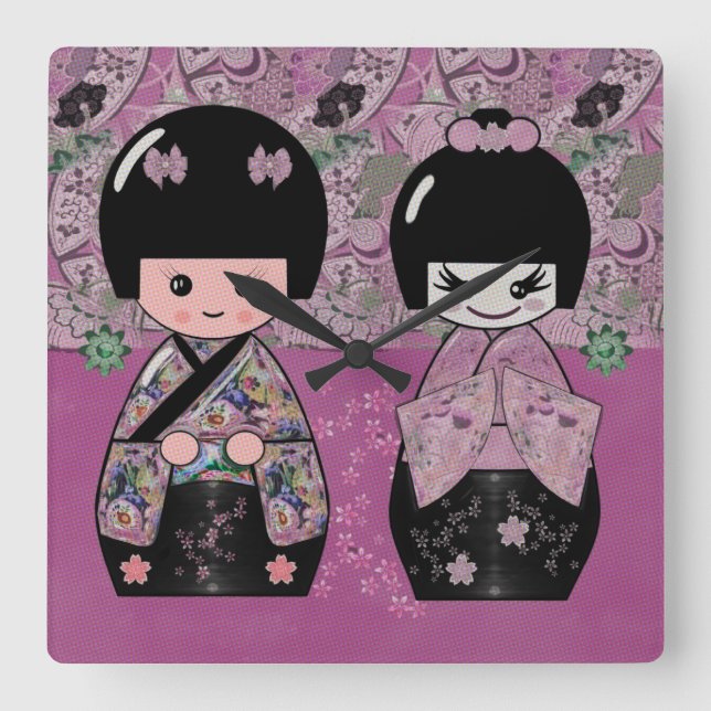 Relógio Quadrado Flor Kokeshi (Frente)