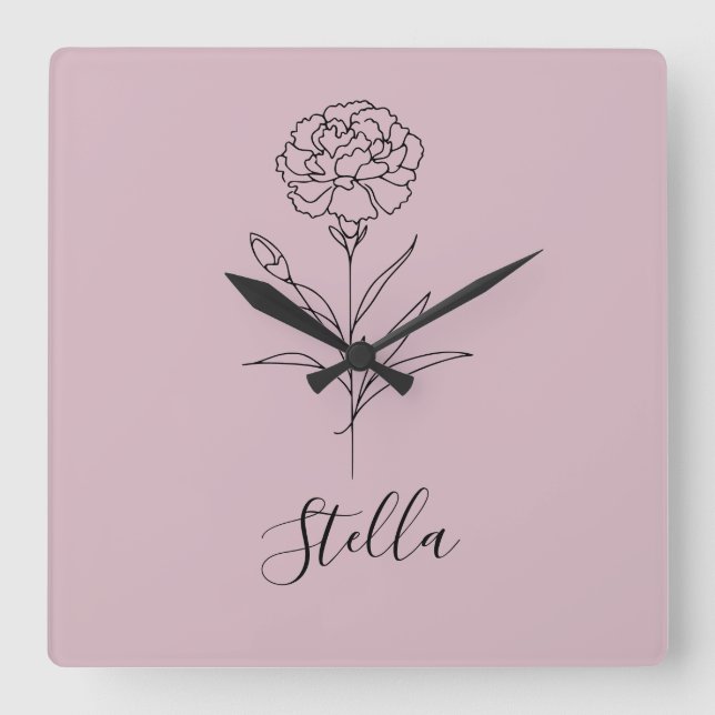 Relógio Quadrado Flor Personalizada de Nascimento do Cravo de Janei (Frente)