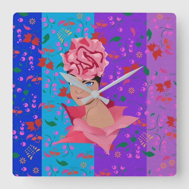 Relógio Quadrado Flor Renovação Brilhante (Frente)