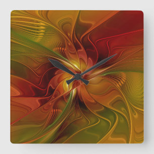 Relógio Quadrado Flor verde-laranja-abstrato Vermelho Castanho-Cast